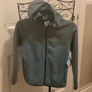 Columbia Youth-sized Medium Jacket Fleece, NWT, gray and blue, hooded, pockets